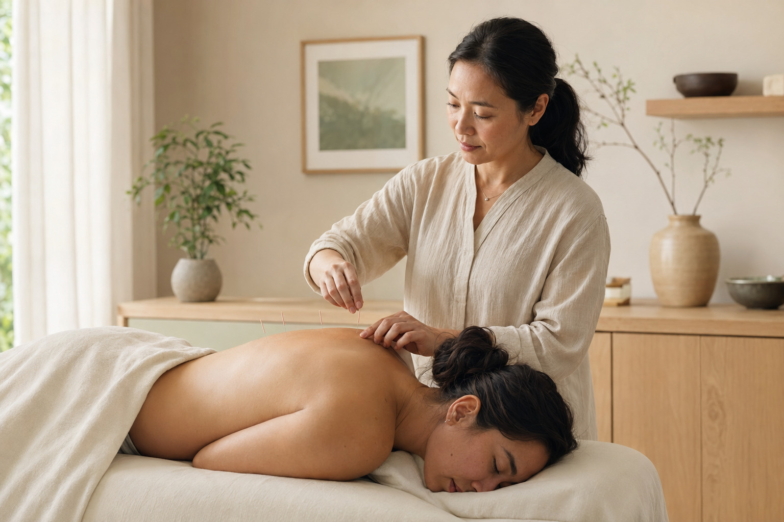 Licensed practitioner providing a gentle acupuncture treatment